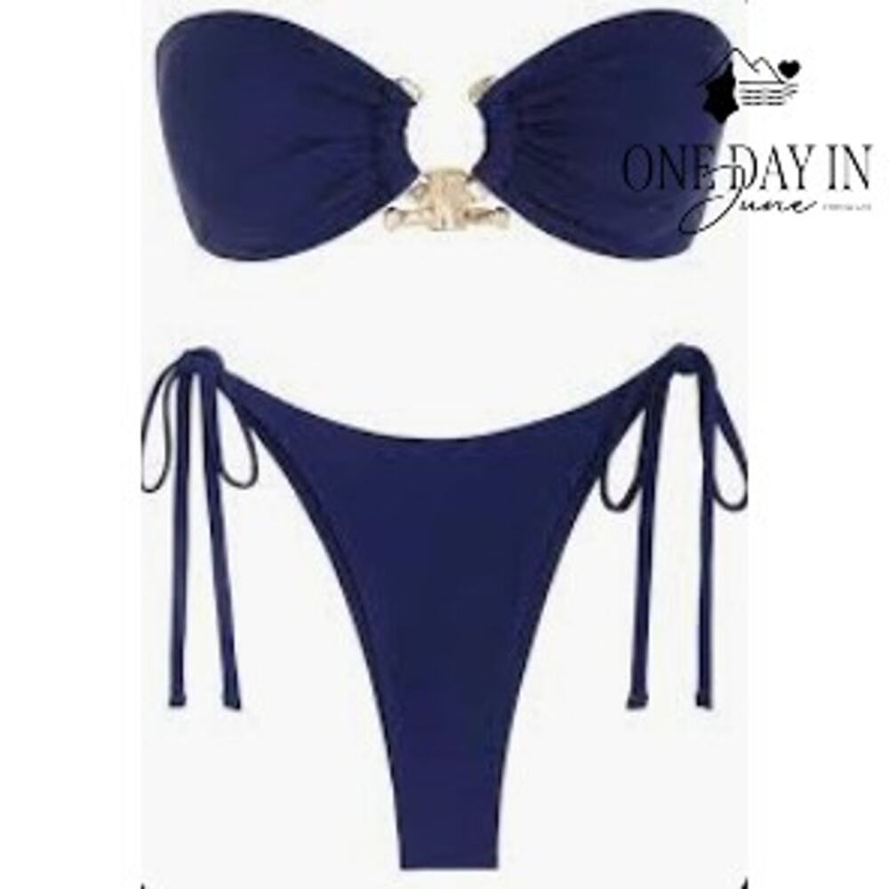 Zaful Bandeau Tie Side Bikini Swimsuit Navy Blue Gold Hardware NWT Size M